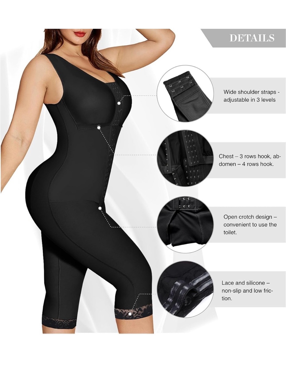 Black Full-Body Shapewear Bodysuit with Lace Trim